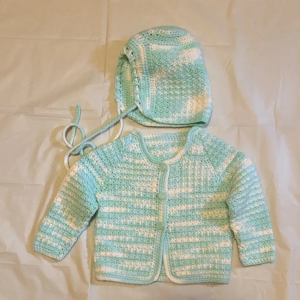 Handmade Baby Crochet Sweater and Bonnet - Picture 1 of 6